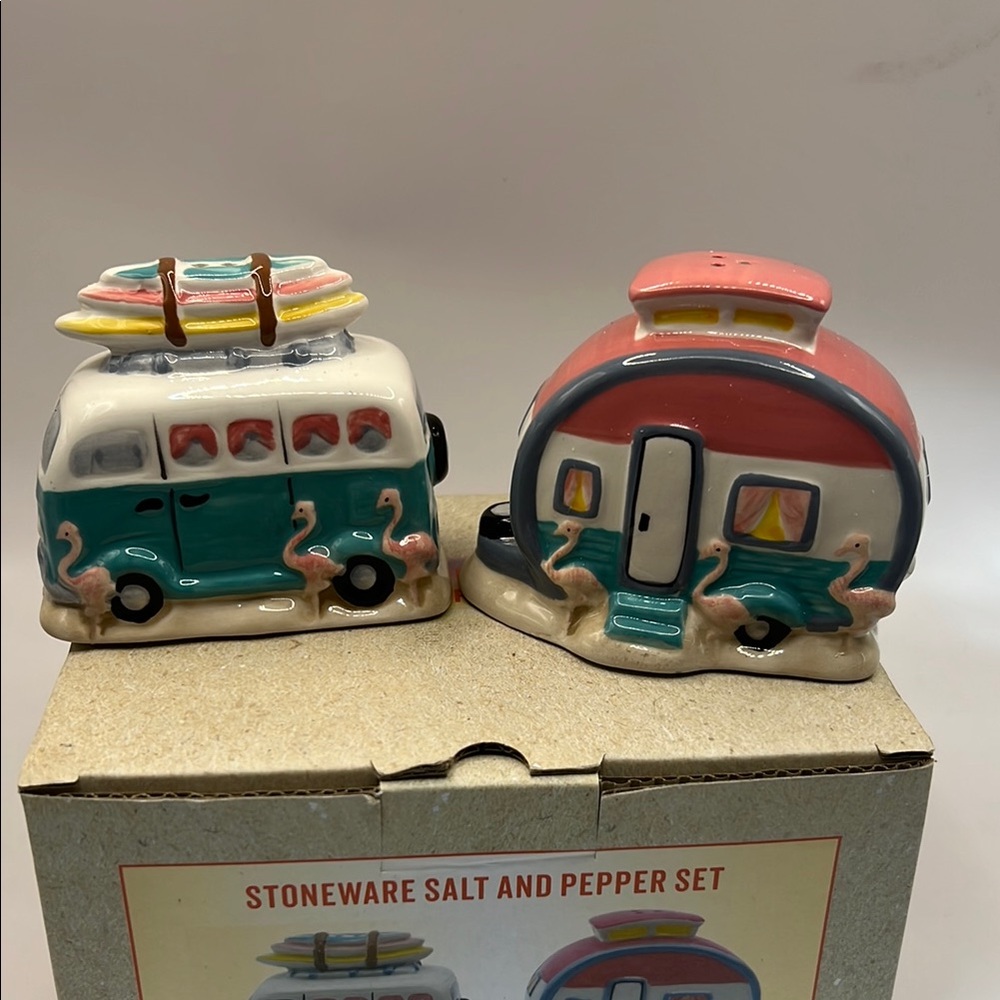 Colorful Camper Van and Trailer Salt and Pepper Shaker Set Flamingo camping